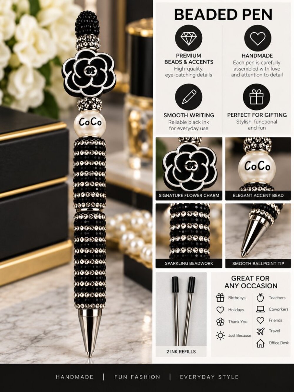 Handmade Black & Silver Beaded Pen | Sparkle Statement Pen